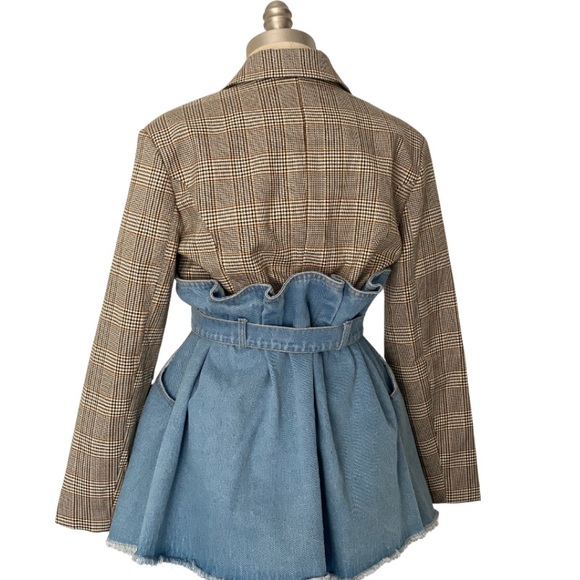Denim Peplum Mix Media Plaid Long Sleeve Blazer - Picture 5 of 7
